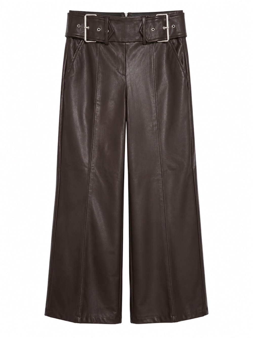 High-Waist Wide-Leg Faux Leather Pants with Buckle Belt — Dark Brown